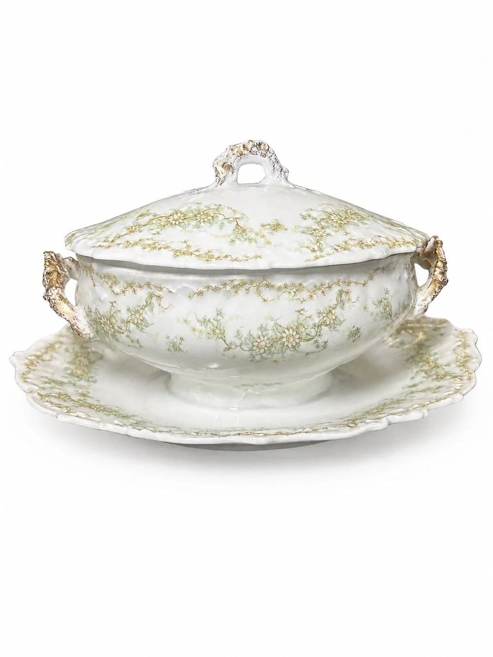 Elite Limoges France Covered Tureen Underplate Antique Green Floral